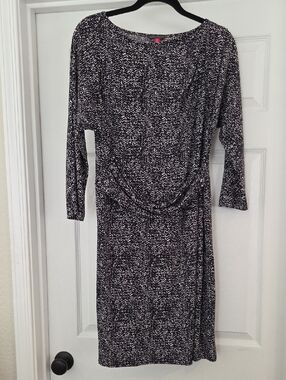 Vince Camuto Black & White Patterned Long Sleeve Draped Waist Dress